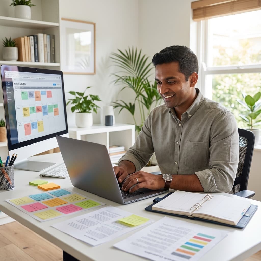 A South African Remote Content Coordinator working in a home office