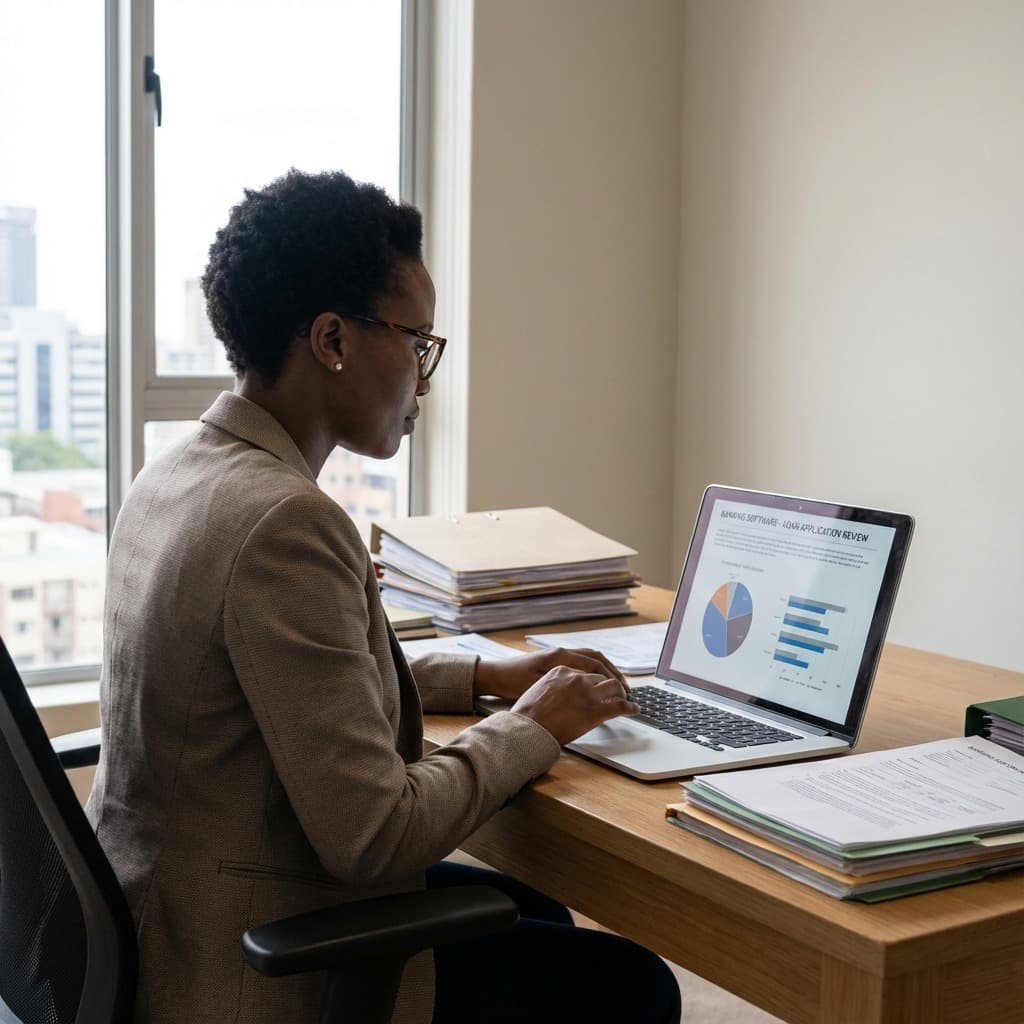 A South African Remote Loan Processor working in a home office