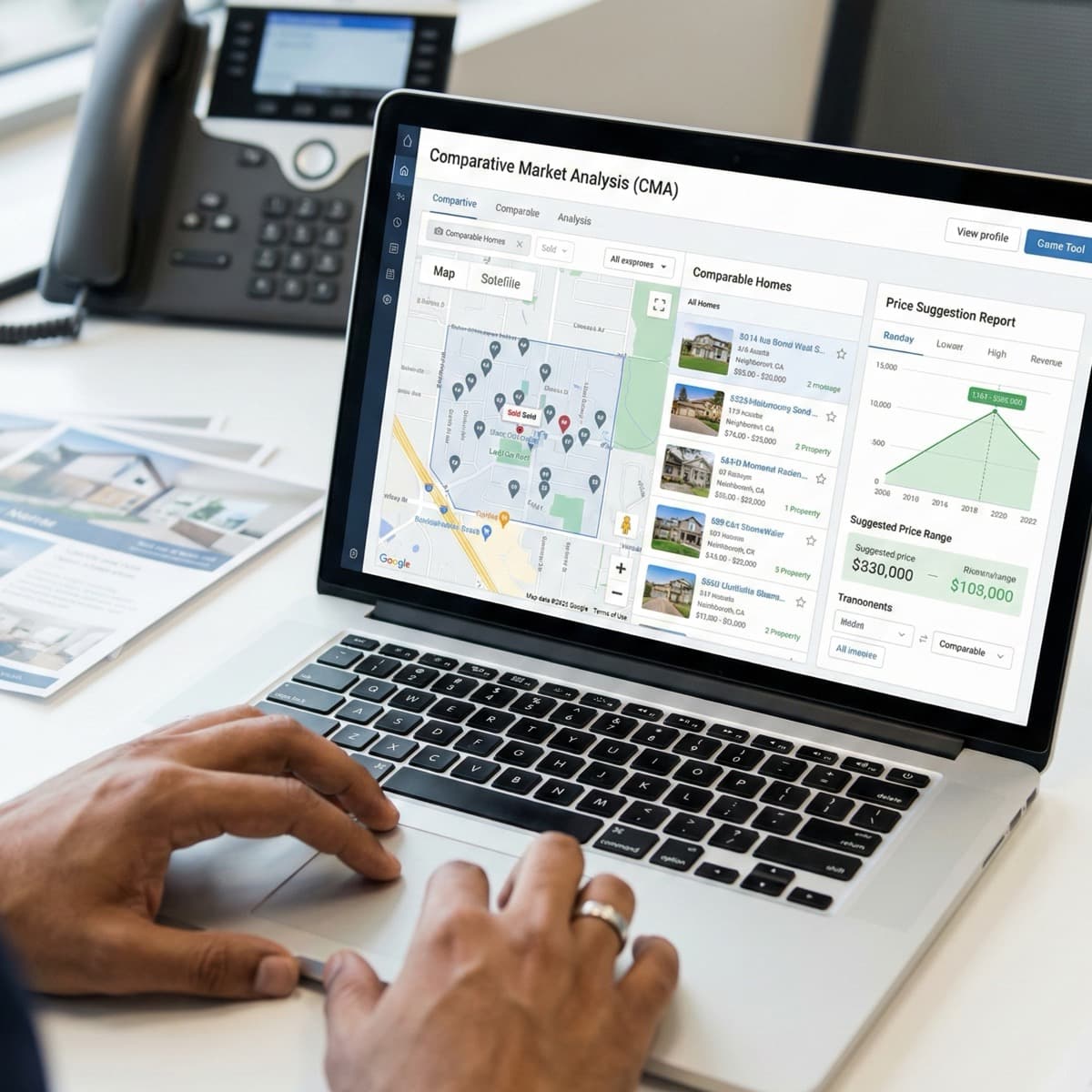 A laptop screen showing a work for Real Estate Market Analysis (CMA) in a home office