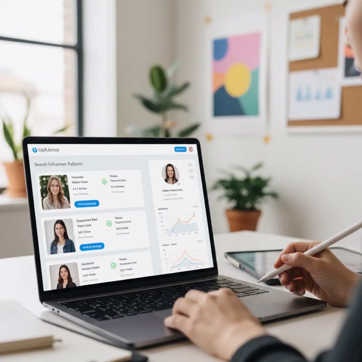 A laptop screen showing a work for Influencer Outreach & Management in a home office