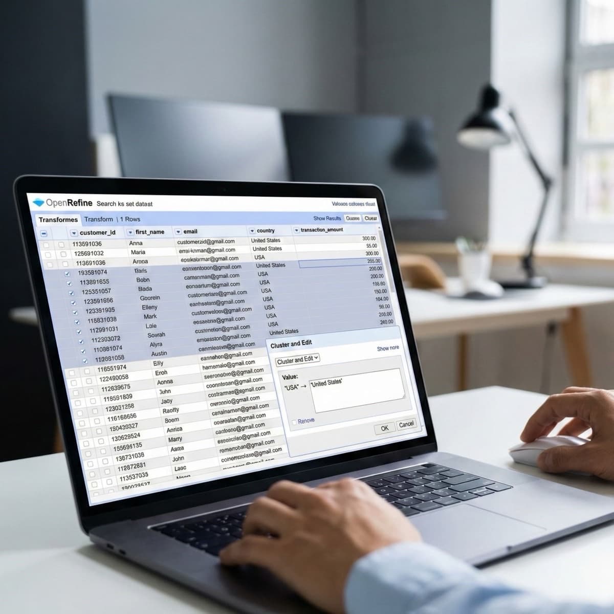 A laptop screen showing a work for Data Cleansing in a home office
