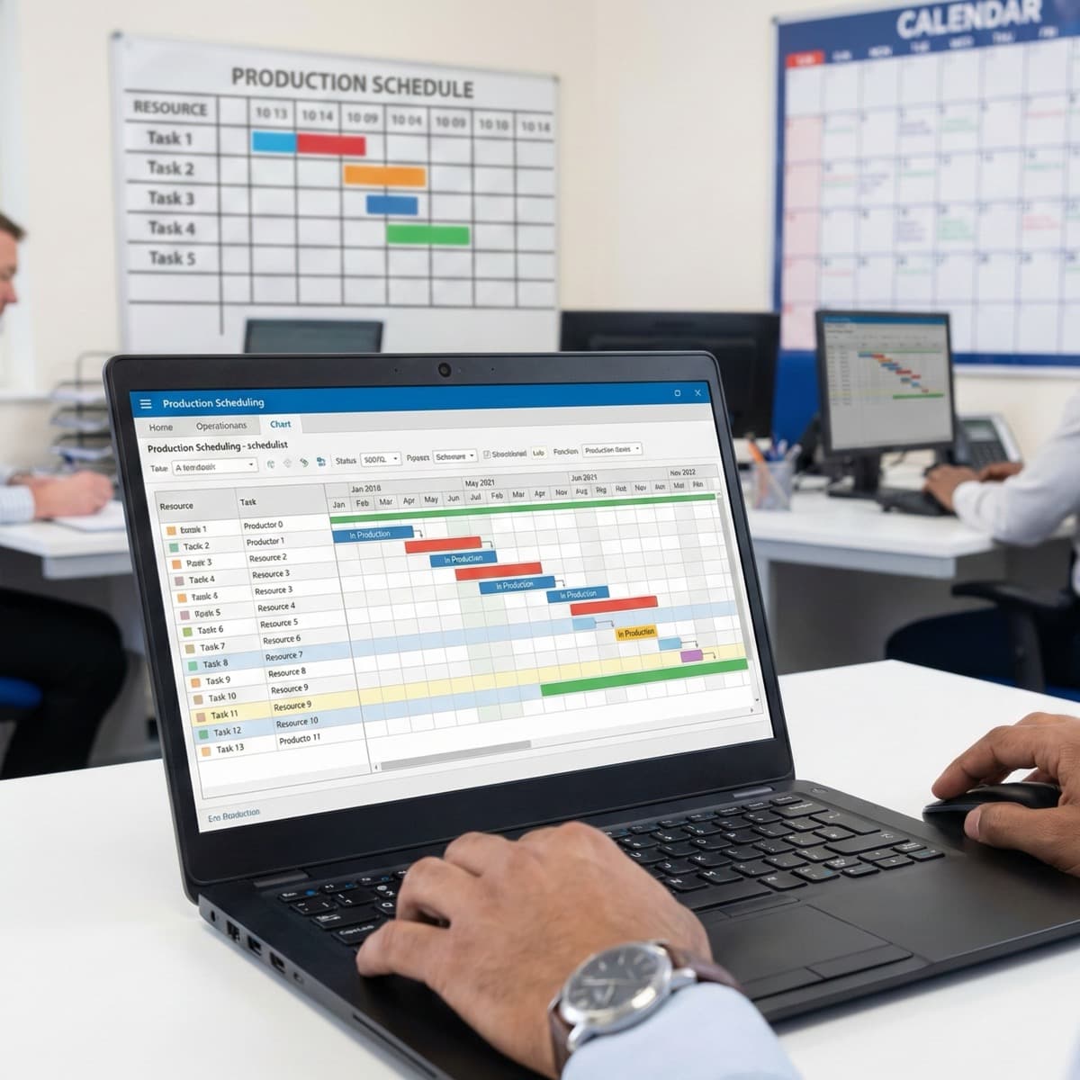 A laptop screen showing a work for Production Scheduling in a home office