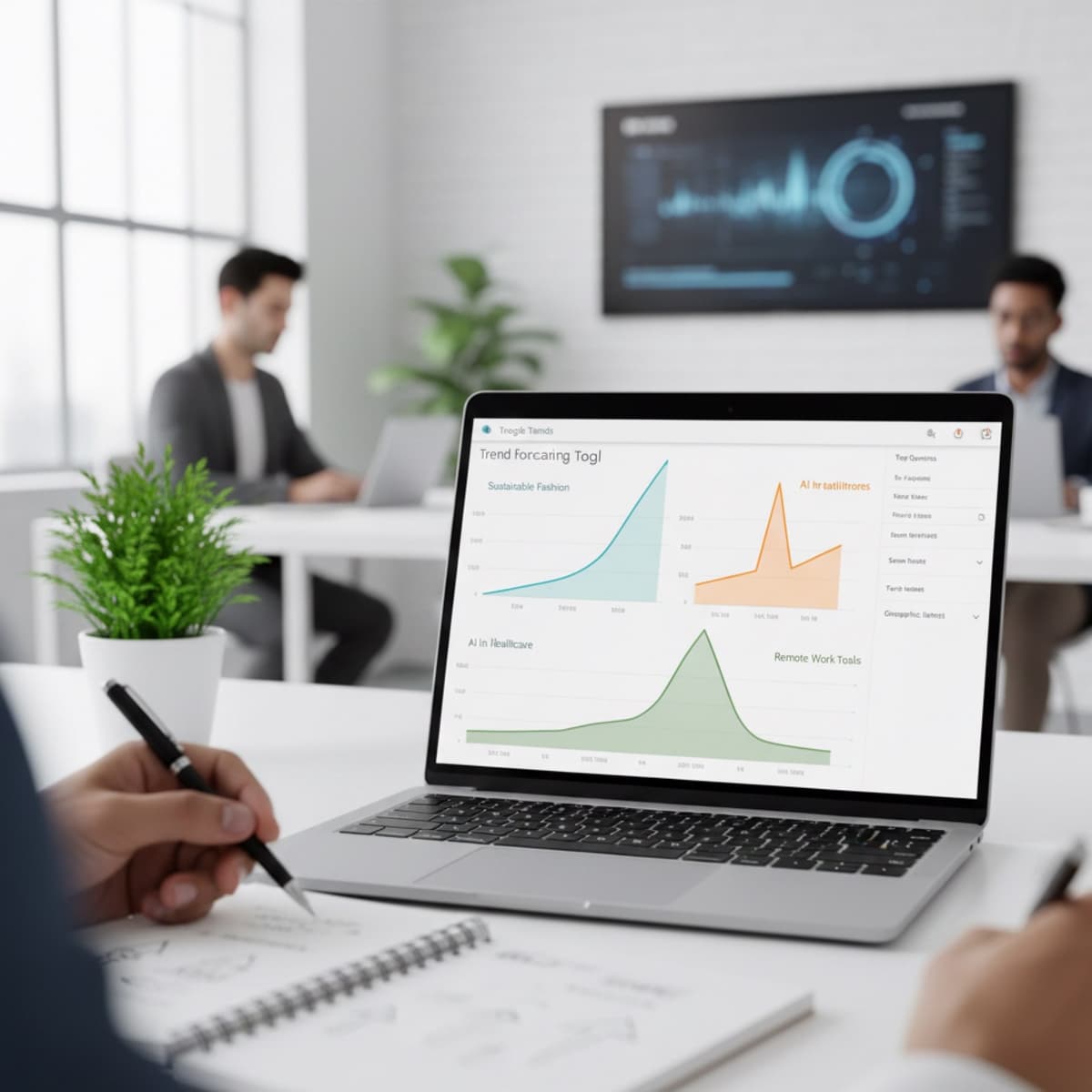 A laptop screen showing a work for Market Trend Analysis in a home office