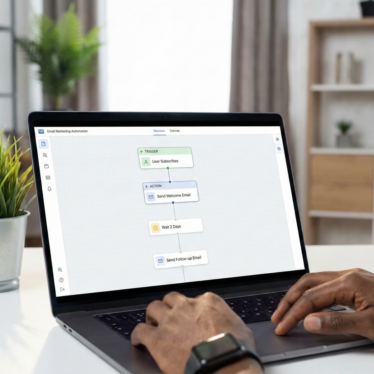 A laptop screen showing a work for Email Marketing & Automation in a home office