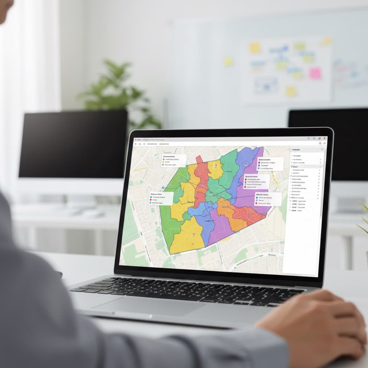 A laptop screen showing a work for Market Research & Territory Planning in a home office