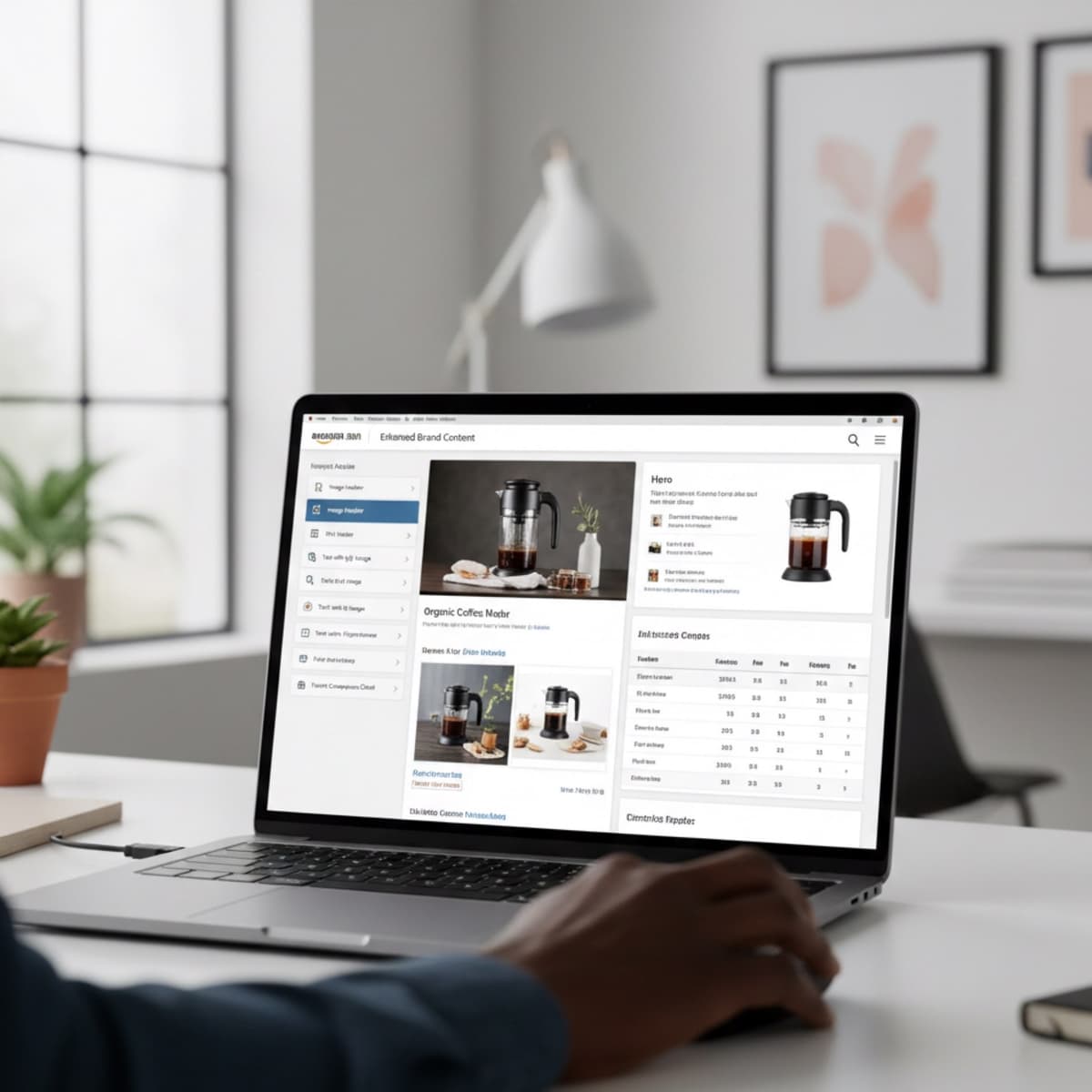 A laptop screen showing a work for Enhanced Brand Content in a home office