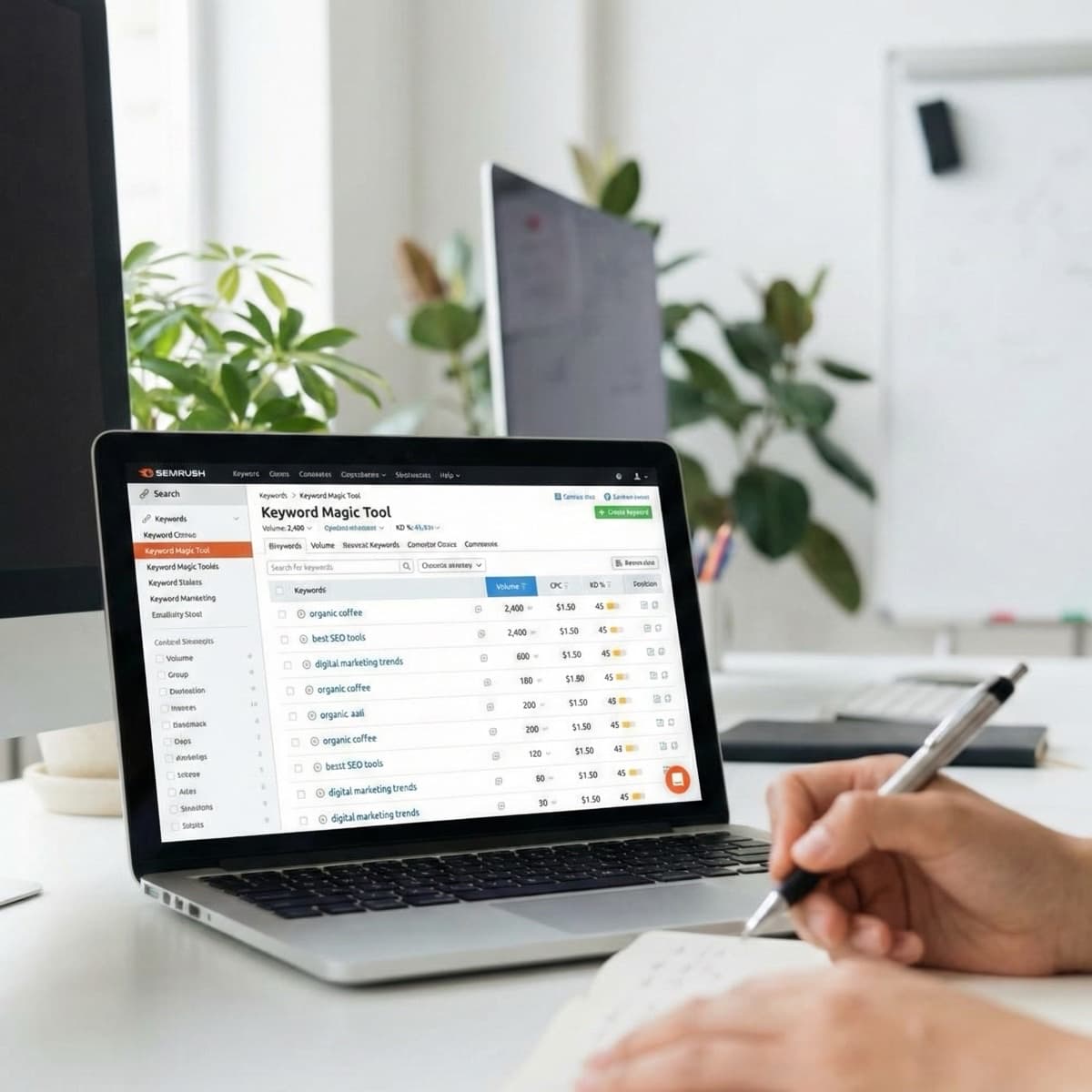 A laptop screen showing a work for Keyword Research in a home office