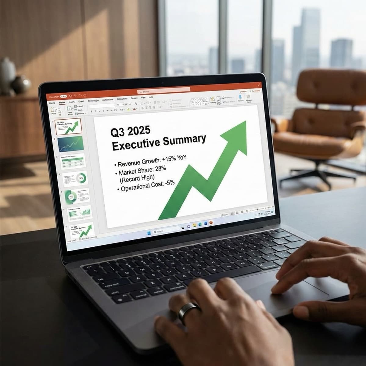 A laptop screen showing a work for Executive Briefing Reporting in a home office