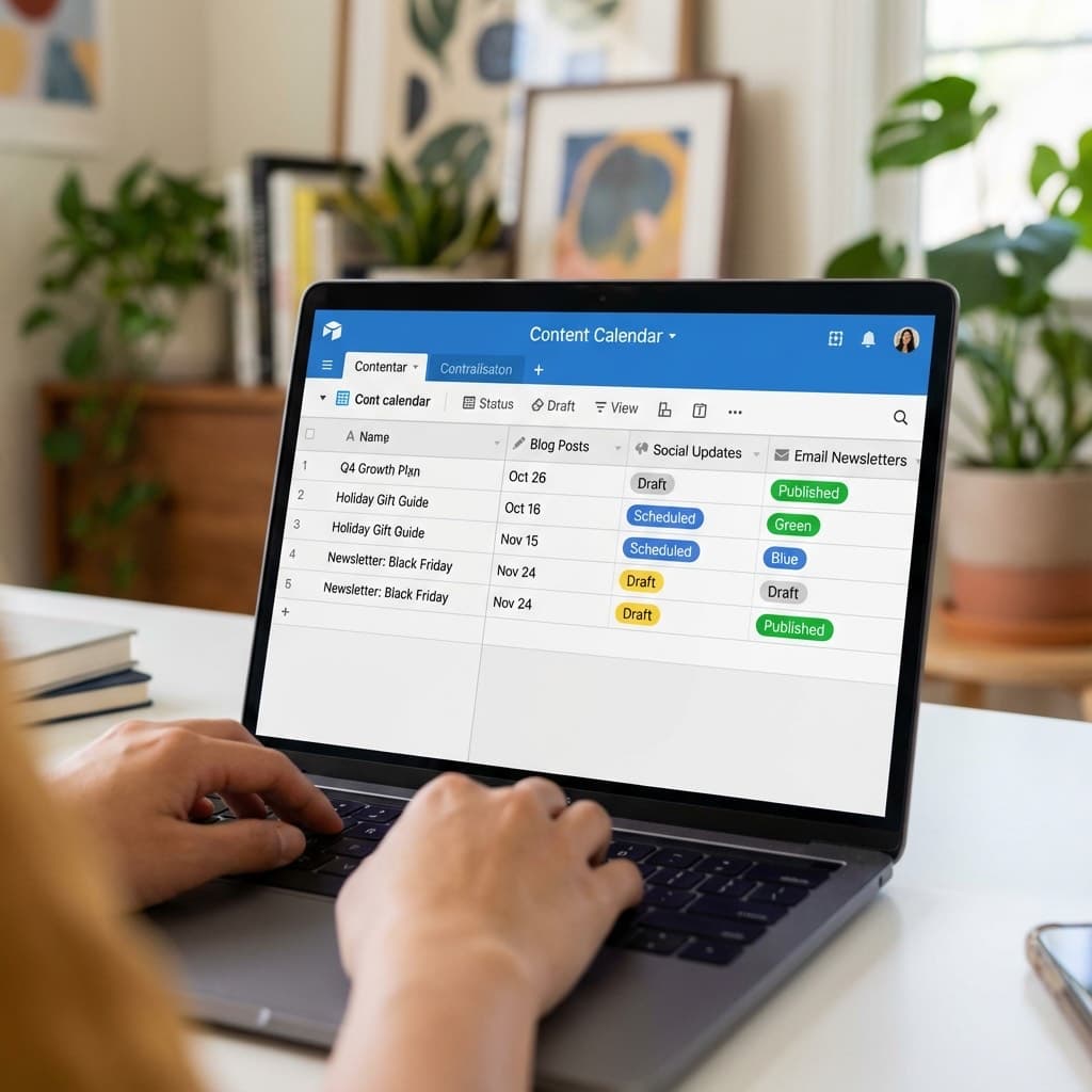 A laptop screen showing a work for Content Coordination in a home office