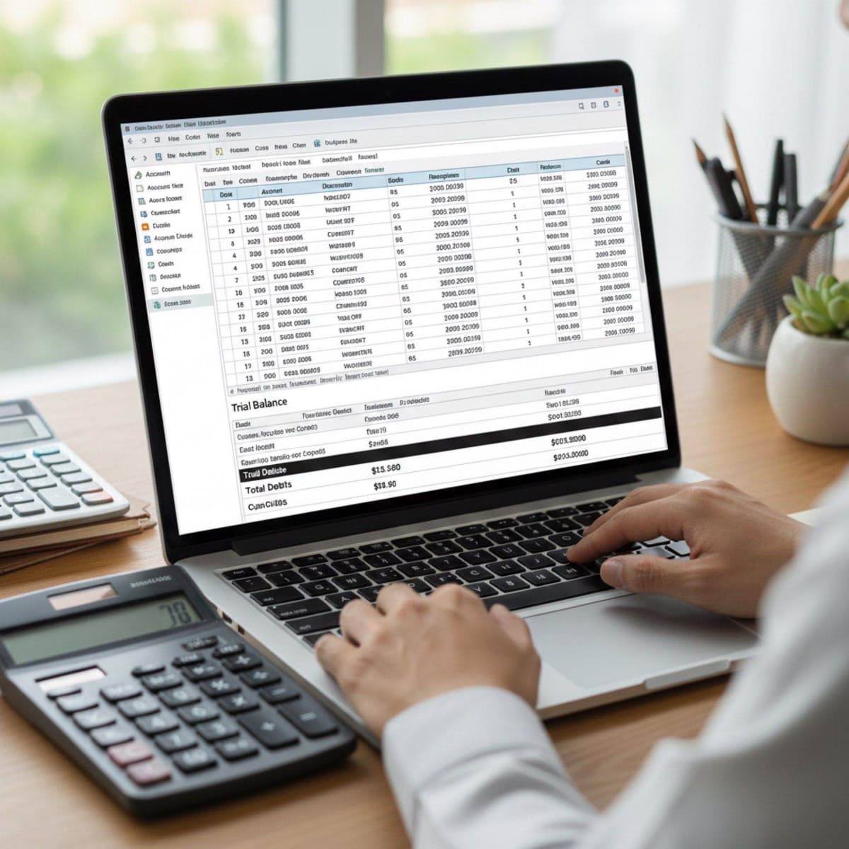 A laptop screen showing a work for General Ledger Management in a home office
