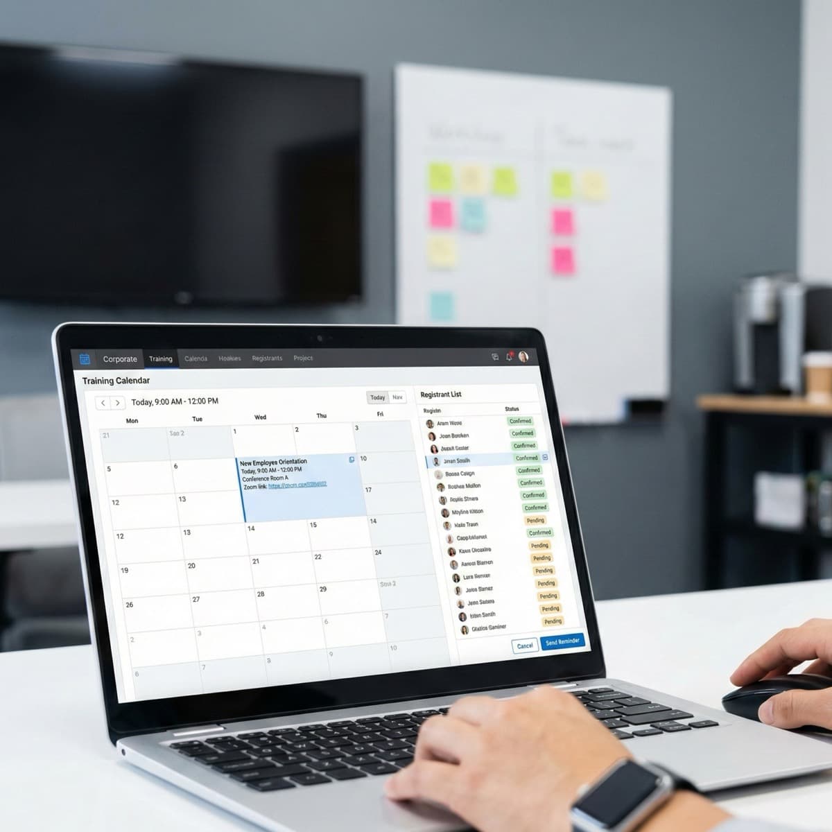 A laptop screen showing a work for Training Coordination Logistics in a home office