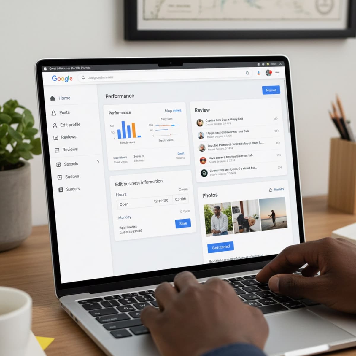 A laptop screen showing a work for Local SEO Management (GMB) in a home office