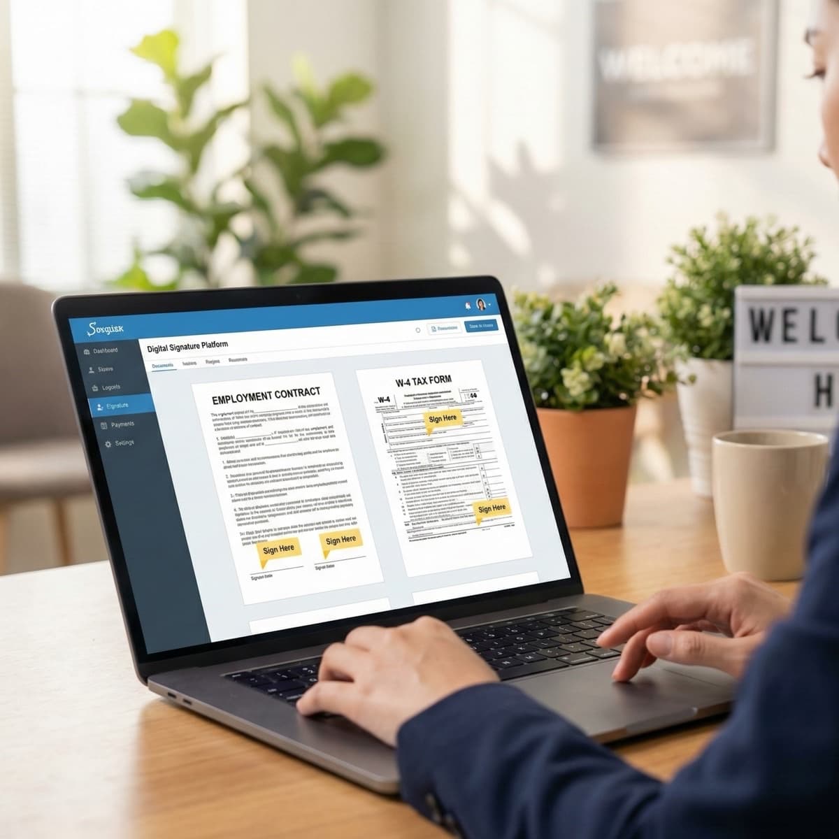 A laptop screen showing a work for New Hire Onboarding Paperwork in a home office