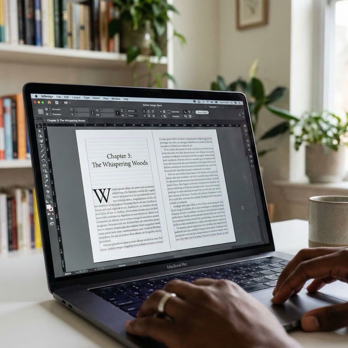 A laptop screen showing a work for Book Formatting & Typesetting in a home office