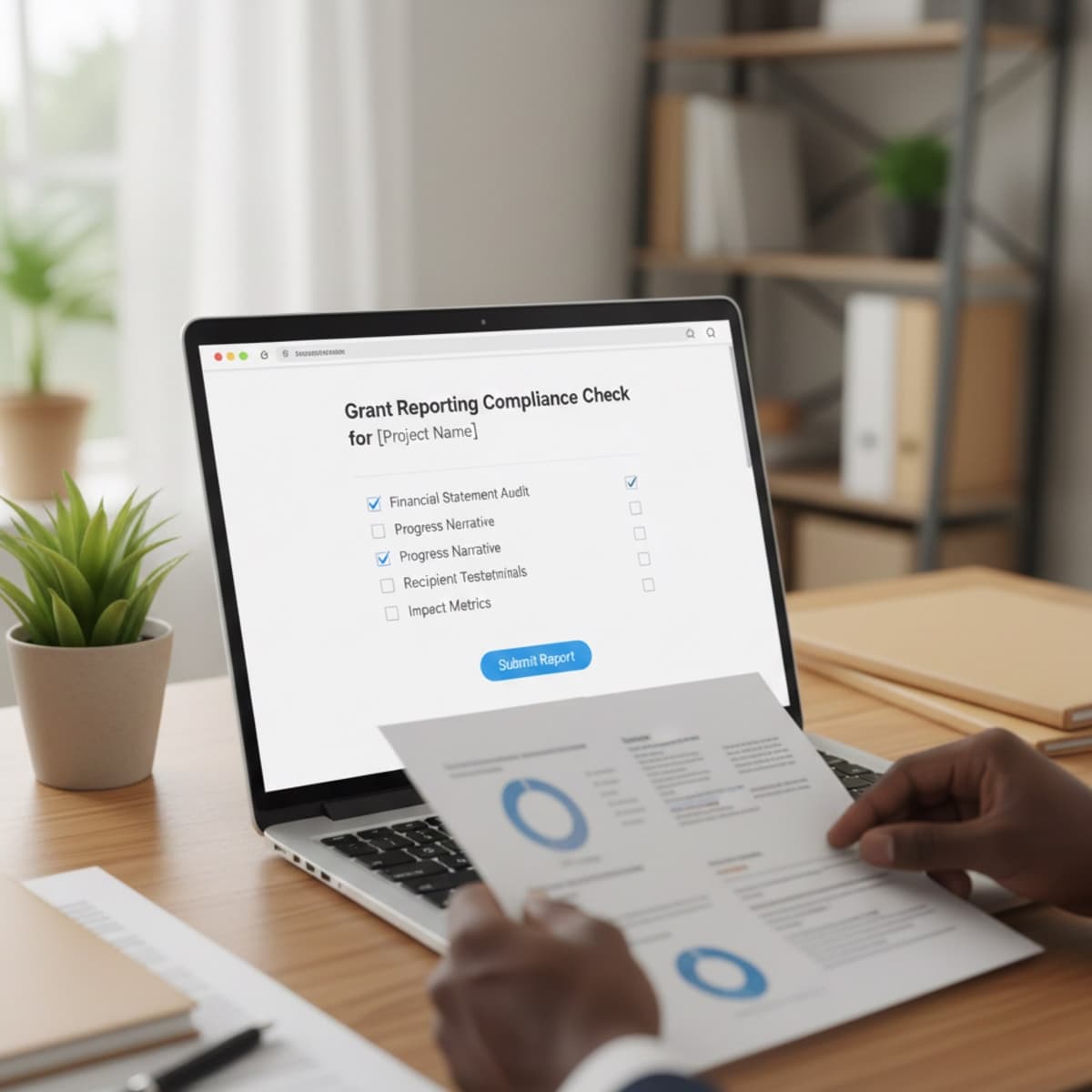 A laptop screen showing a work for Grant Reporting Compliance in a home office
