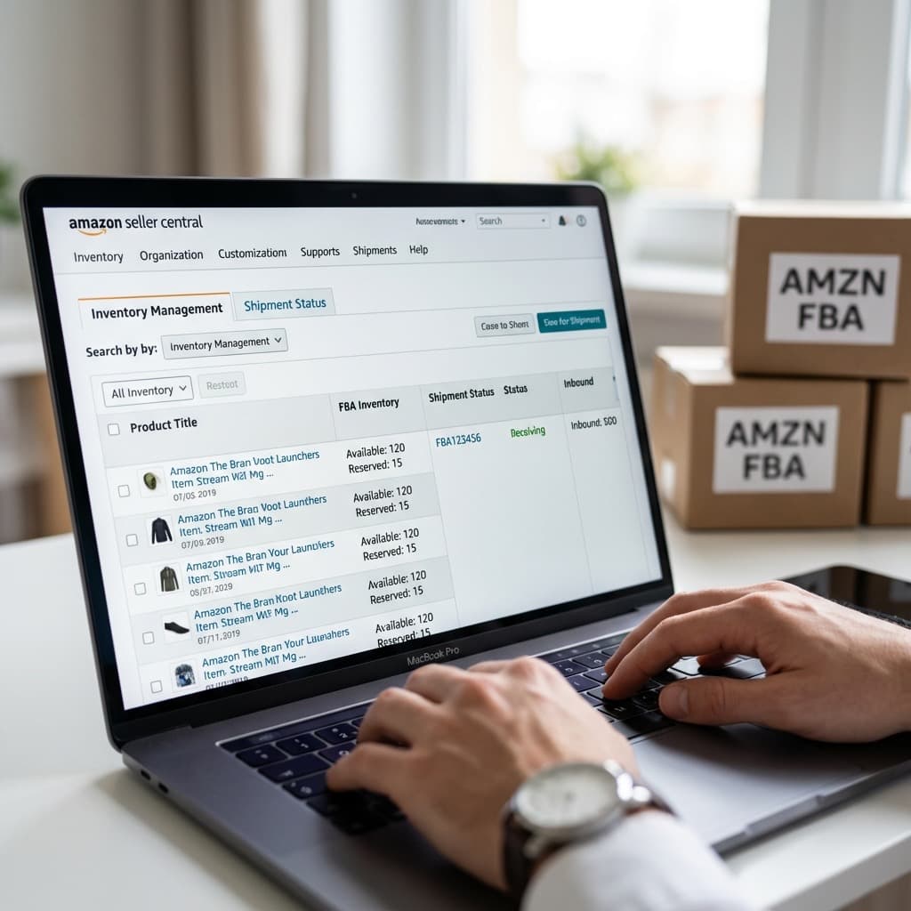A laptop screen showing a work for FBA Shipment & Logistics Management in a home office