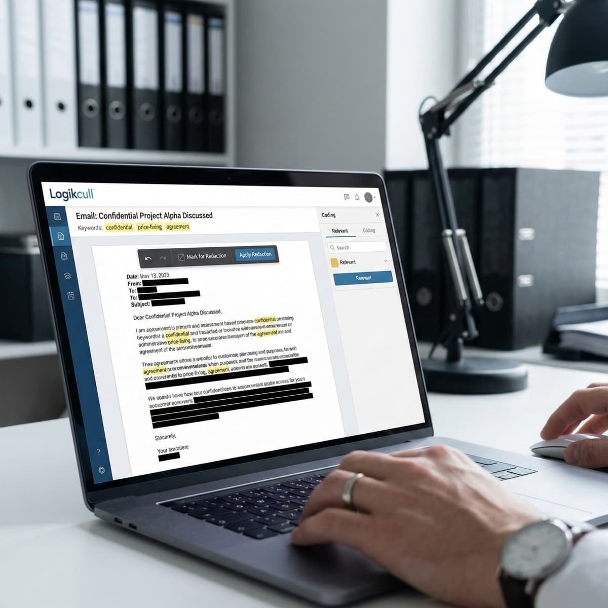 A laptop screen showing a work for e-Discovery Document Review in a home office