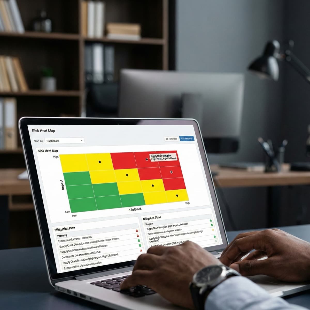 A laptop screen showing a work for Risk Management in a home office