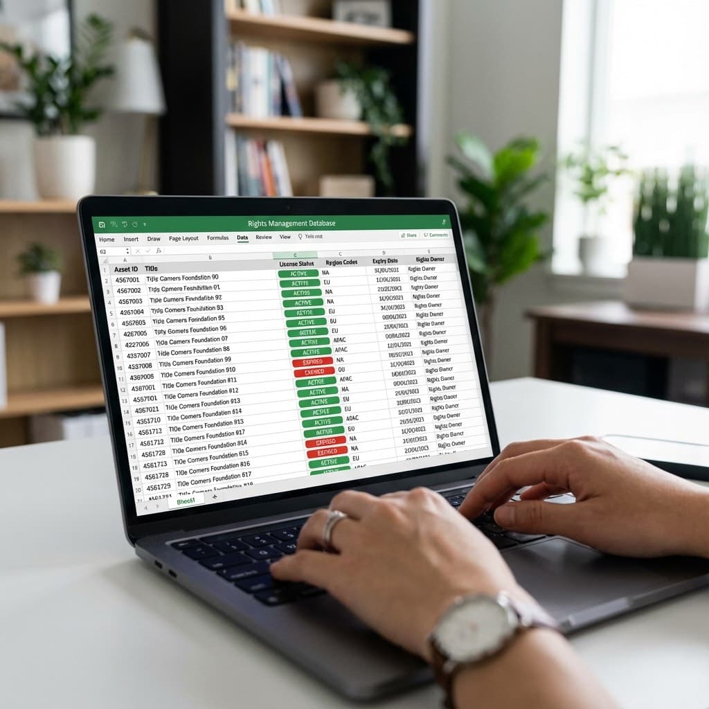 A laptop screen showing a work for Copyright & Permissions Management in a home office