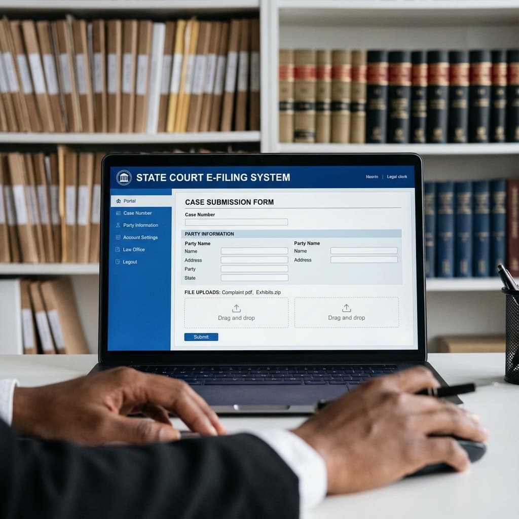 A laptop screen showing a work for Court Filing & E-filing in a home office