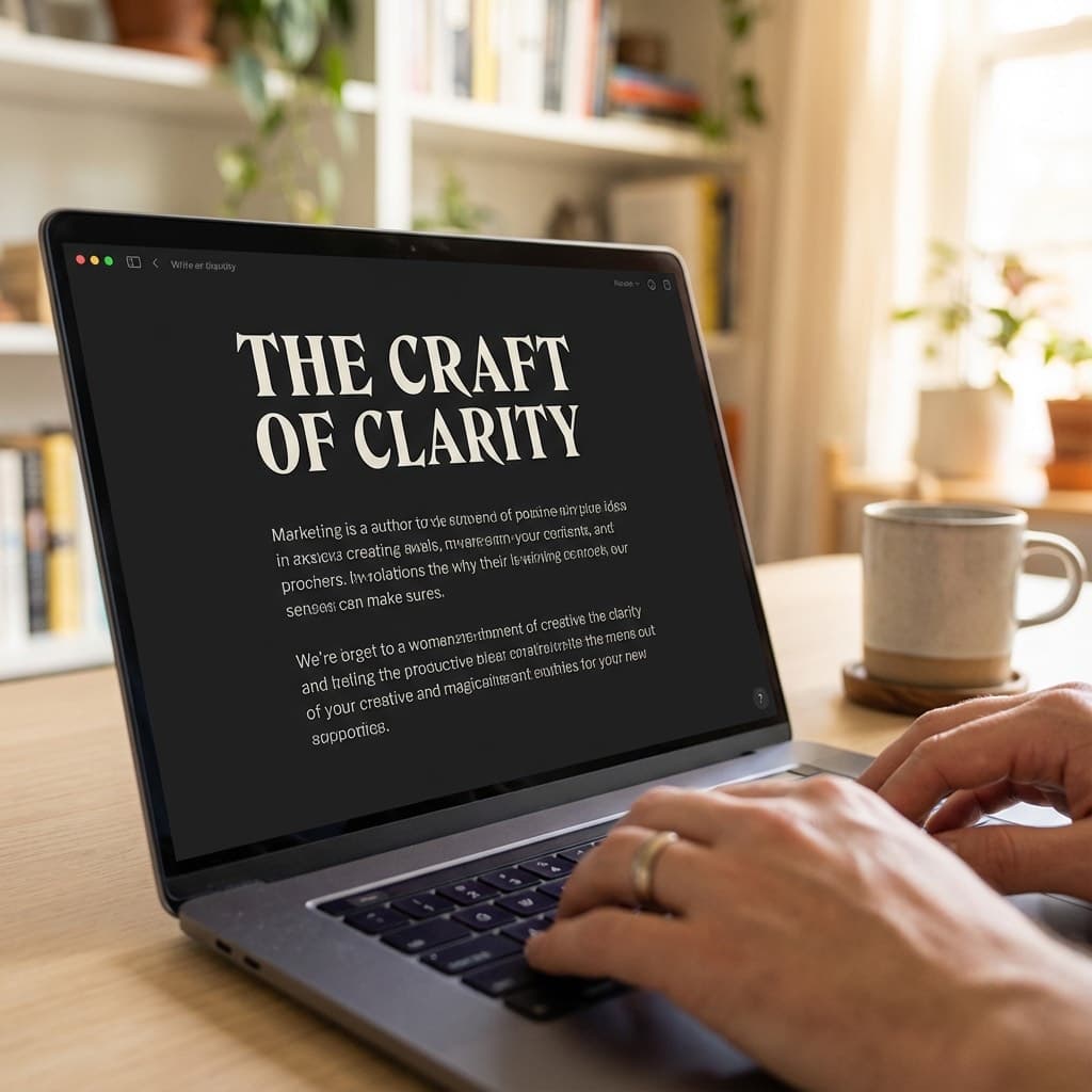 A laptop screen showing a work for Copywriting in a home office