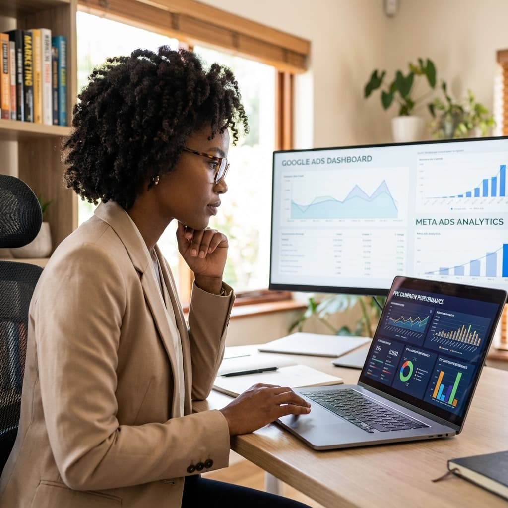 A South African VA for Chat Support working in a home office