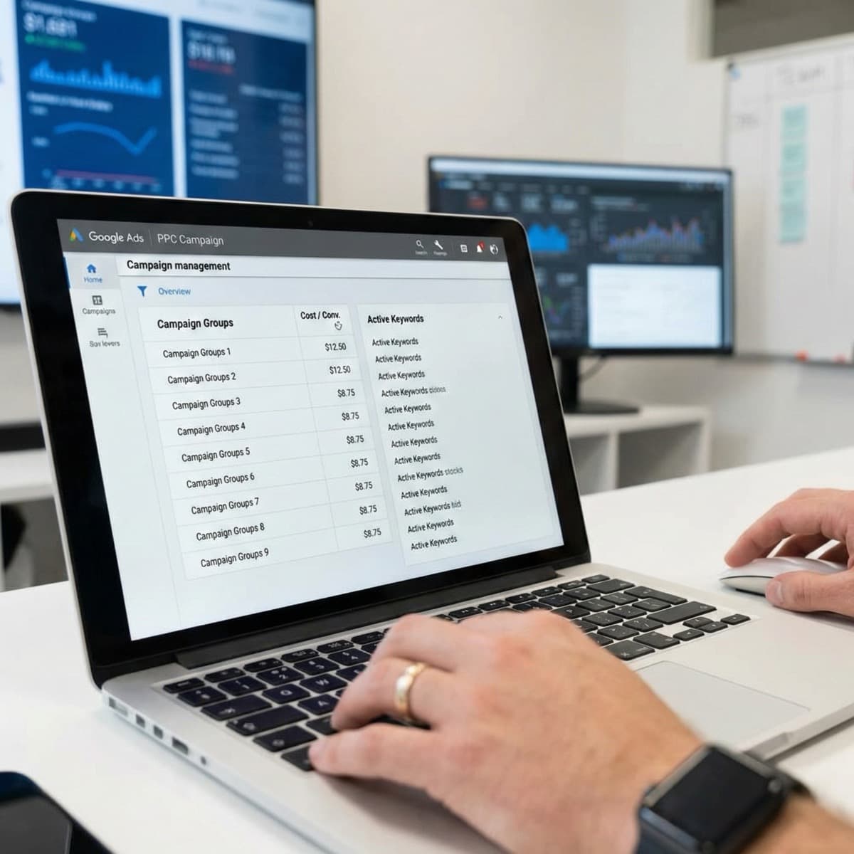 A laptop screen showing a work for PPC Campaign Management in a home office