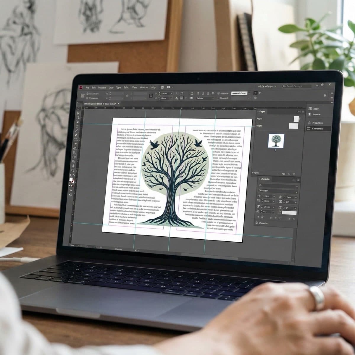A laptop screen showing a work for E-book & PDF Design in a home office