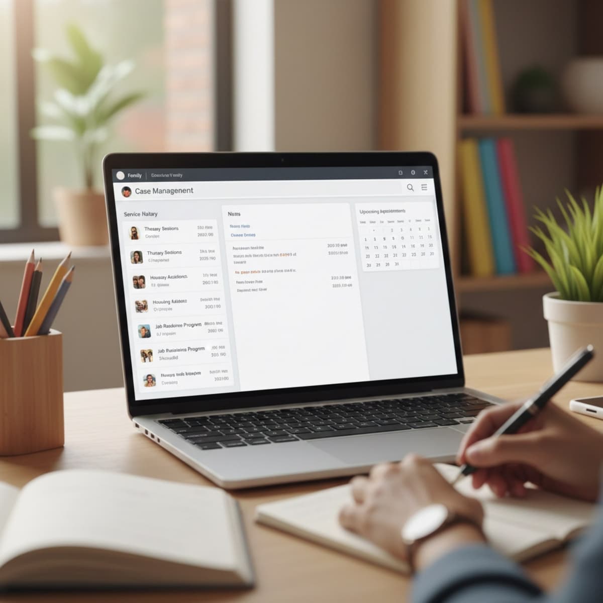 A laptop screen showing a work for Family Case Management in a home office