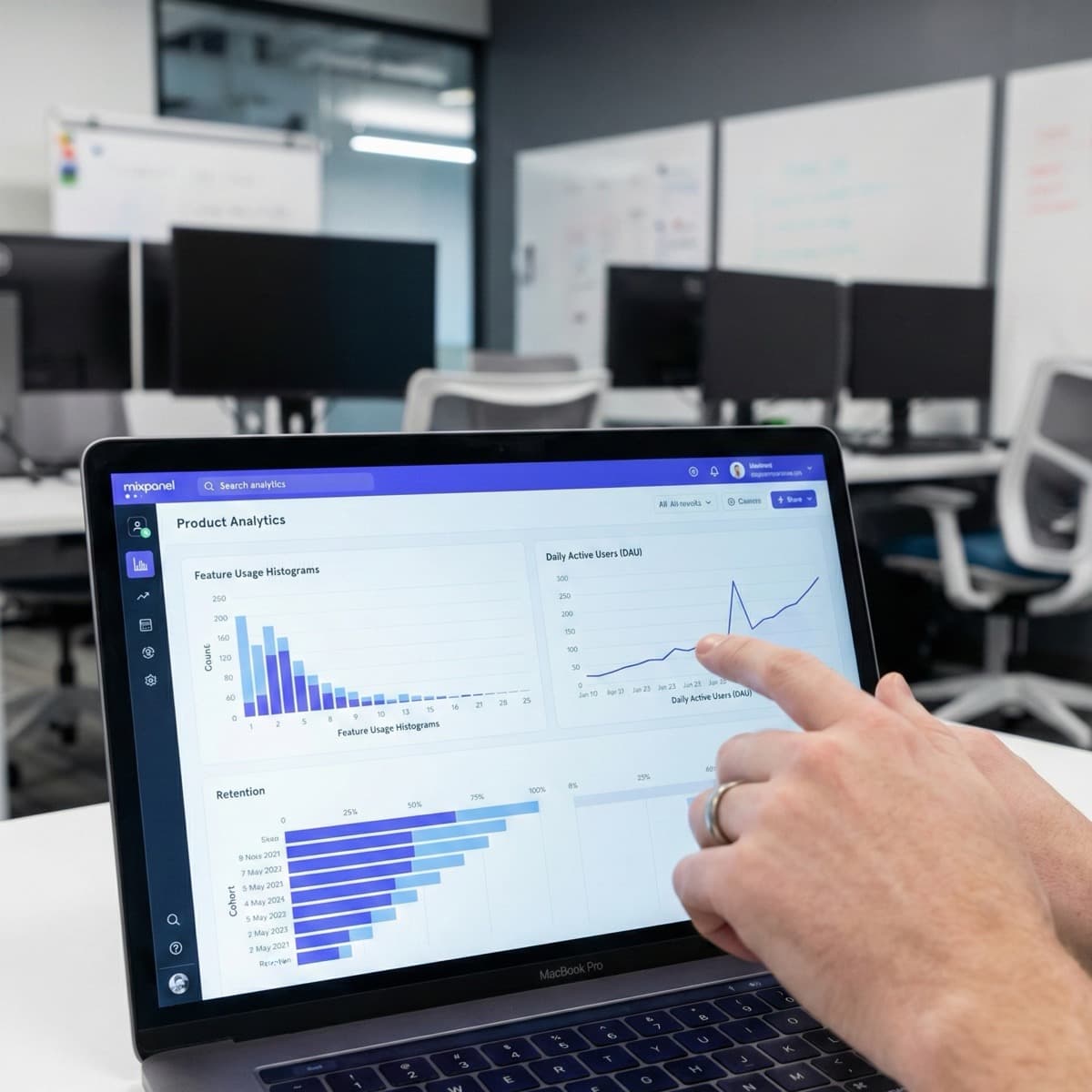 A laptop screen showing a work for Product Performance Reporting in a home office