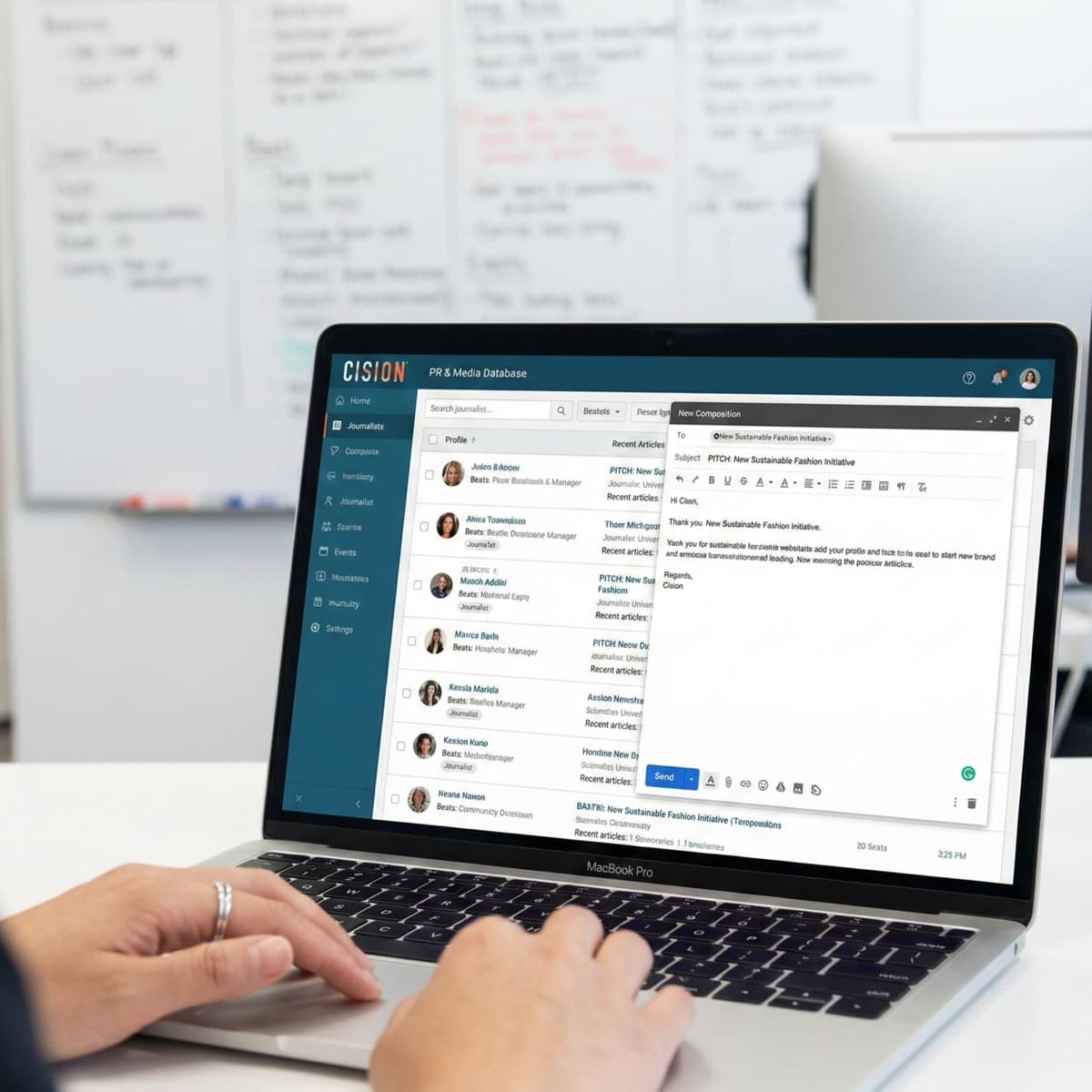 A laptop screen showing a work for PR & Media Outreach in a home office