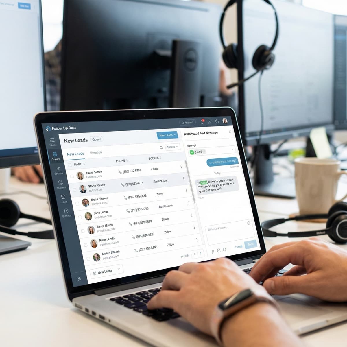 A laptop screen showing a work for Real Estate Lead Generation Follow-up in a home office