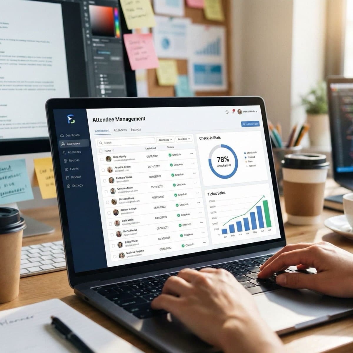 A laptop screen showing a work for Attendee Management in a home office