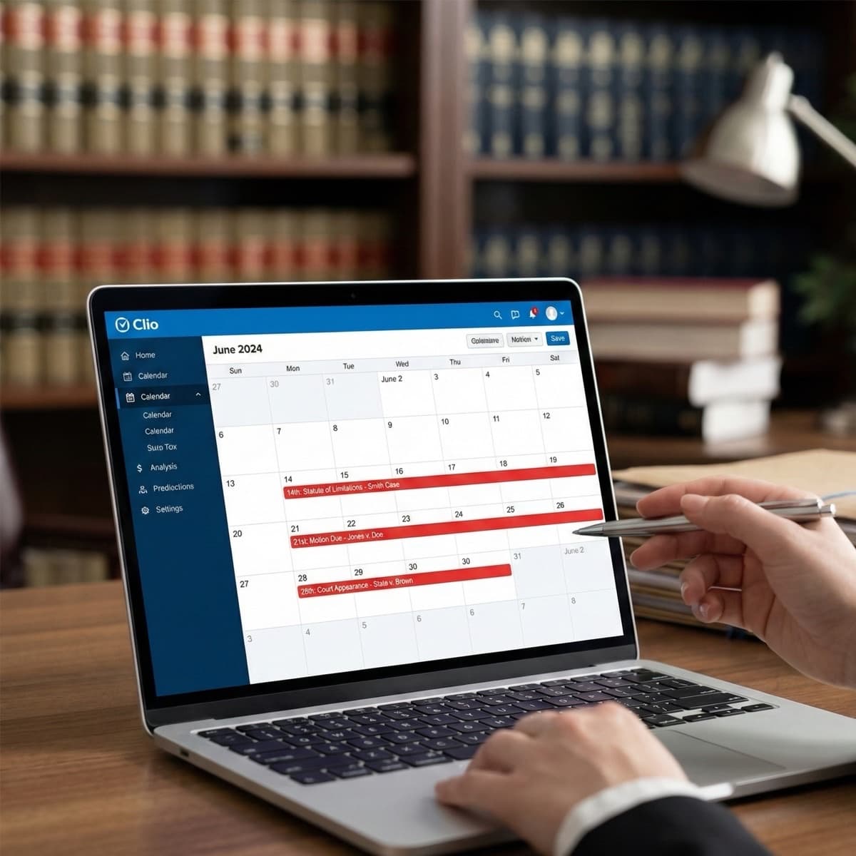 A laptop screen showing a work for Legal Calendar Deadline Management in a home office