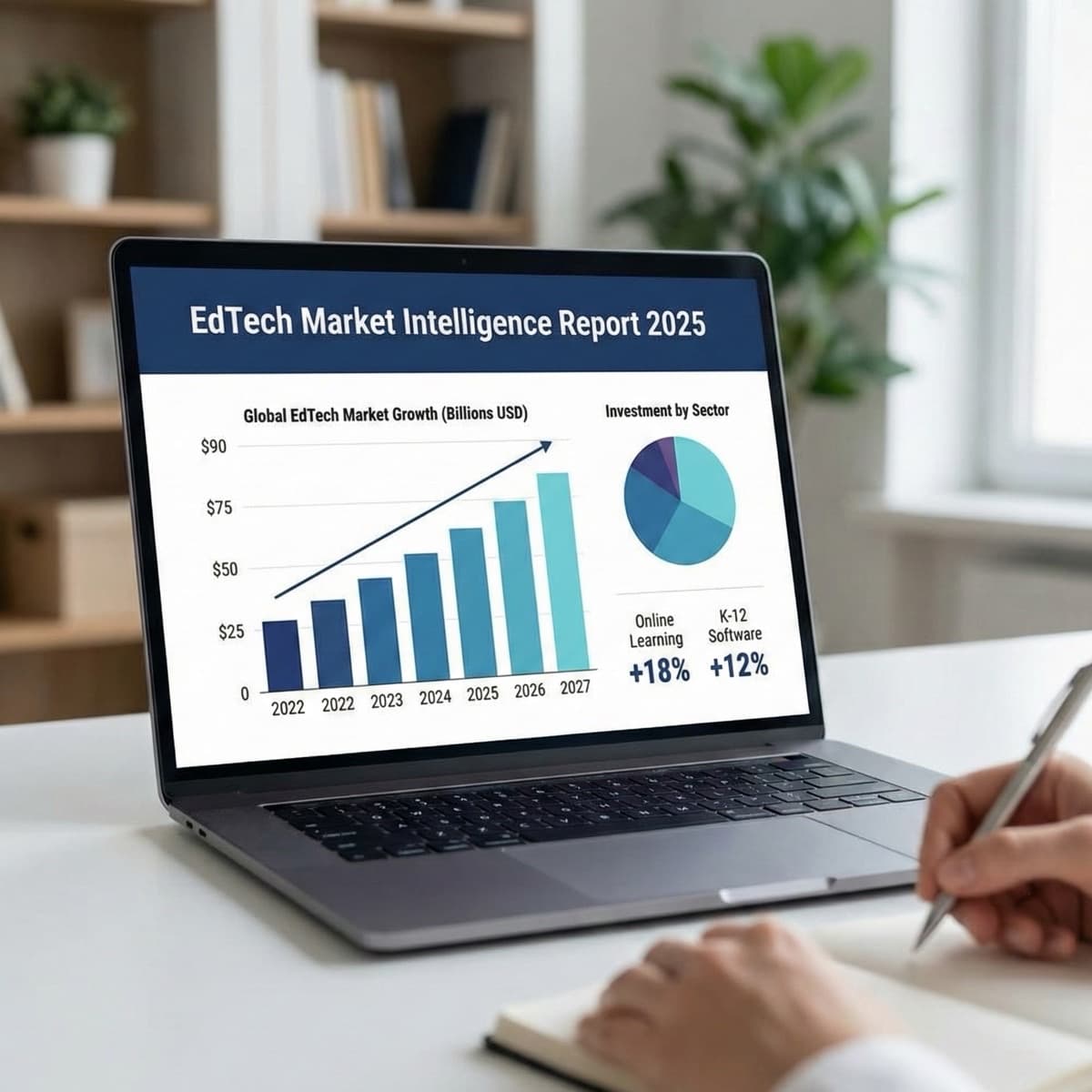 A laptop screen showing a work for EdTech Market Research in a home office