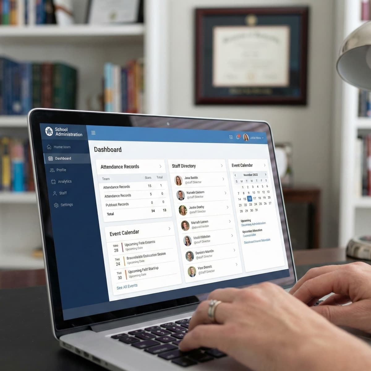 A laptop screen showing a work for School Administrative Support in a home office